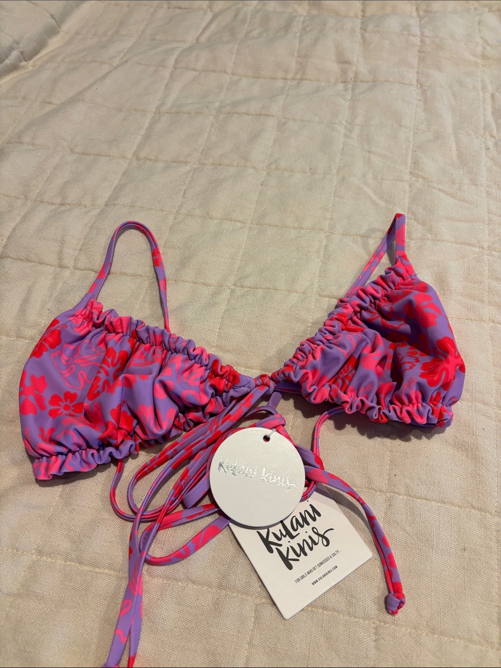 Kulani Kinis Pink & Purple Floral Ruched Tie-Front Bandeau Bikini Top
